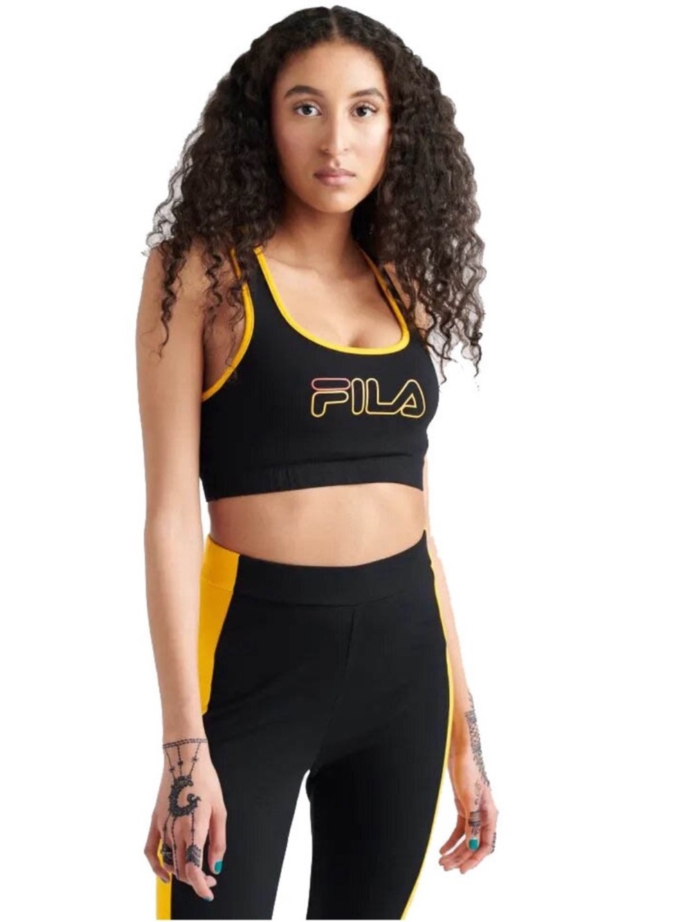NWT FILA Rebeca Racerback Crop Top Bra Yellow Black Logo Cotton Sports Bralette